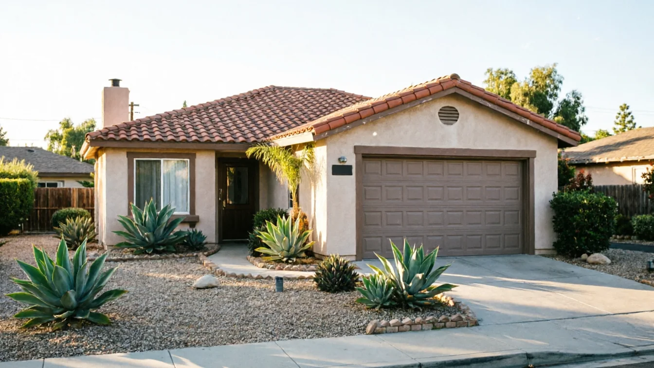 The house has a brown garage door, a tiled roof, and a gravel yard with agave plants.