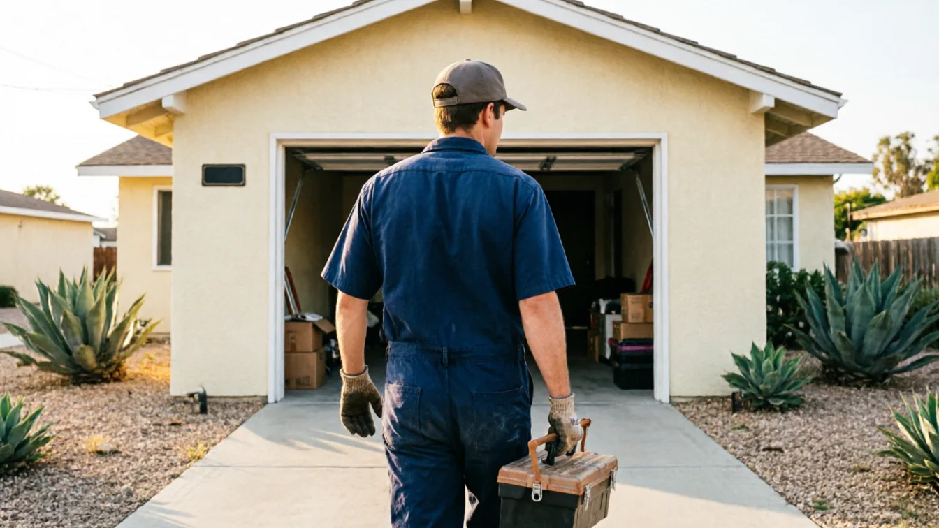 A technician in a blue uniform carries a toolbox toward an open garage door.