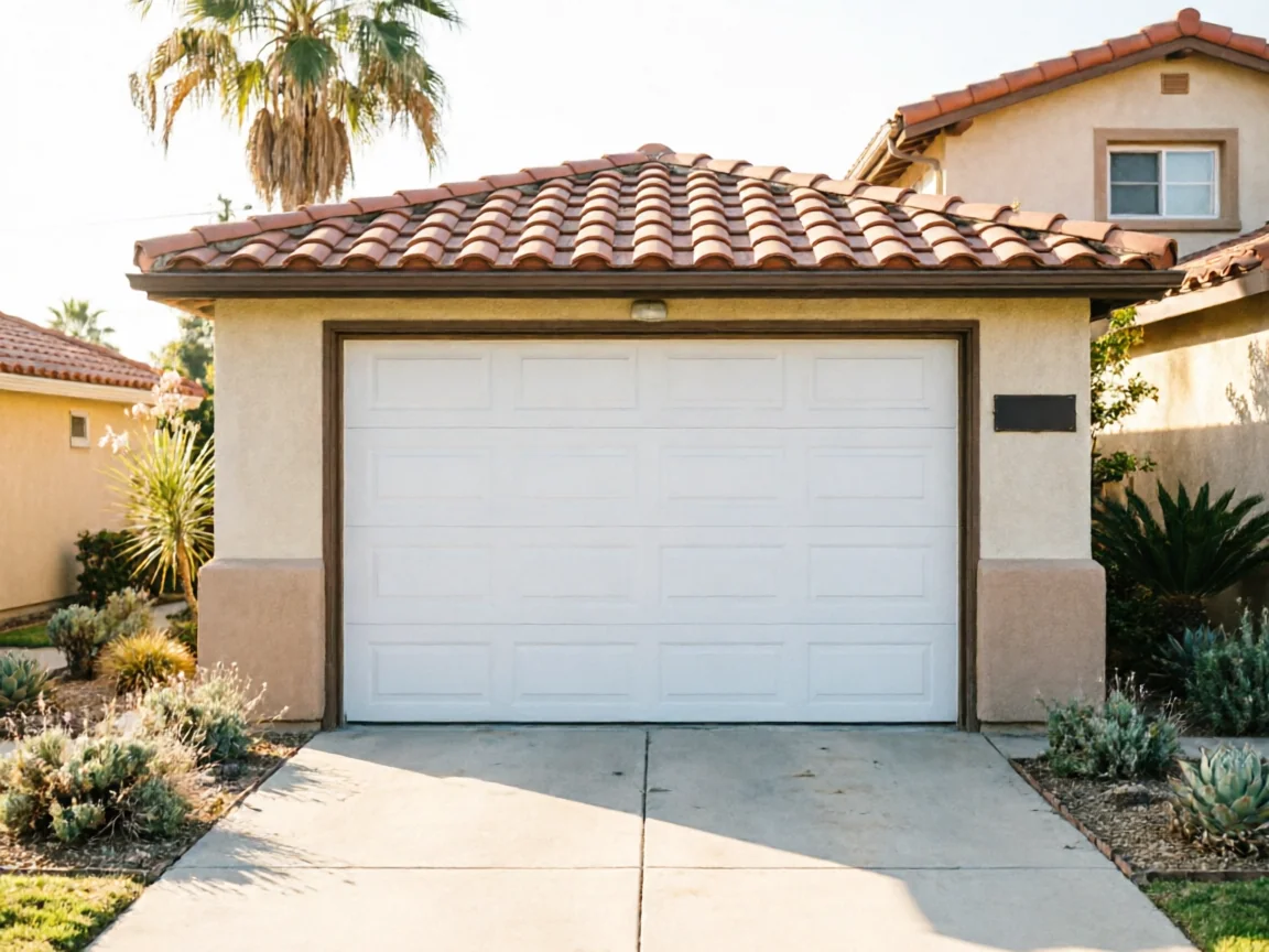 The white garage door is on a stucco house with a red tile roof.