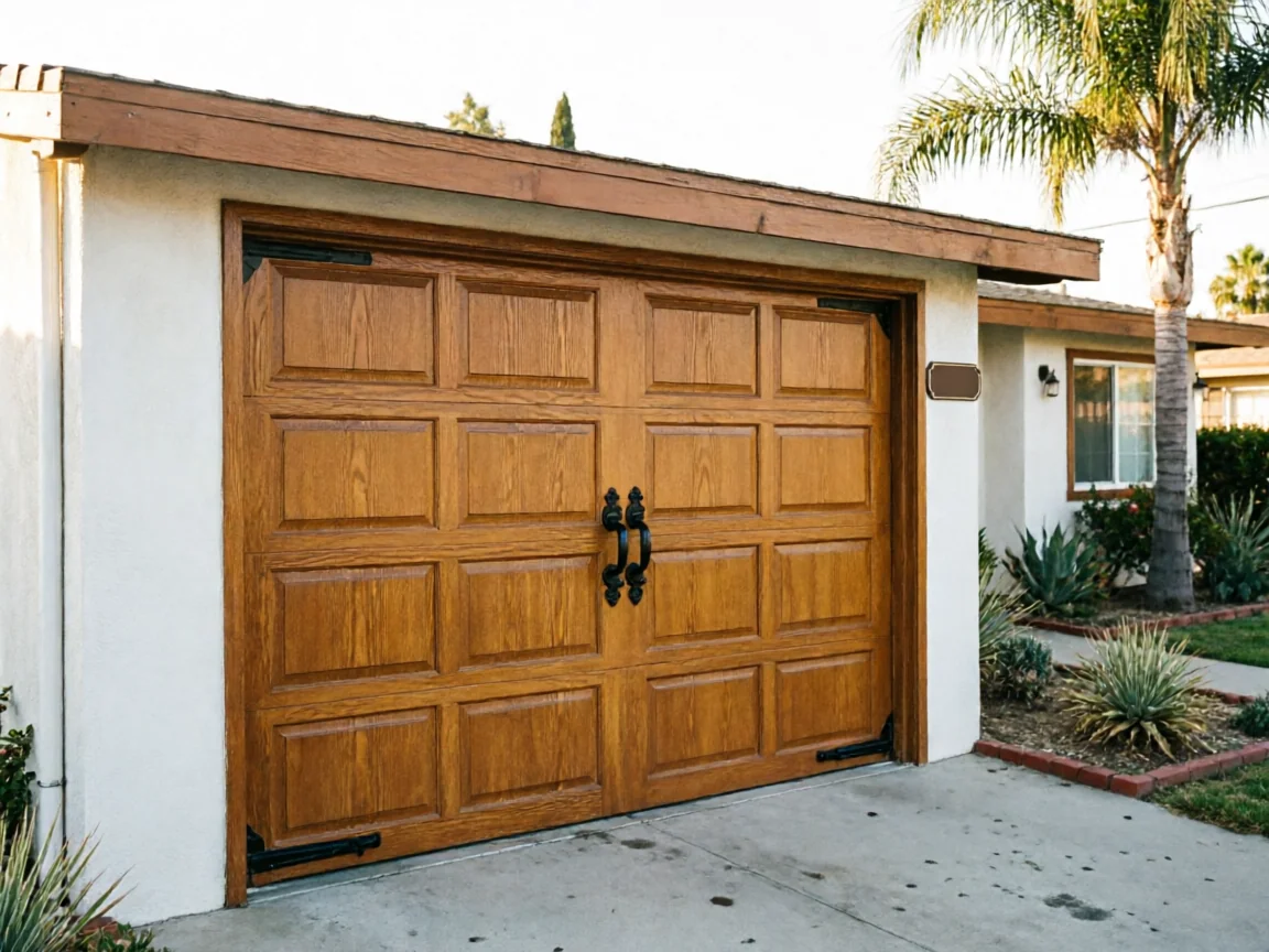 The brown paneled garage door has decorative black handles and hinges.